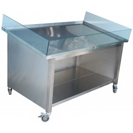 Stainless steel counter 1200 on frame with lower shelves and frontal sliding doors, for fish display 